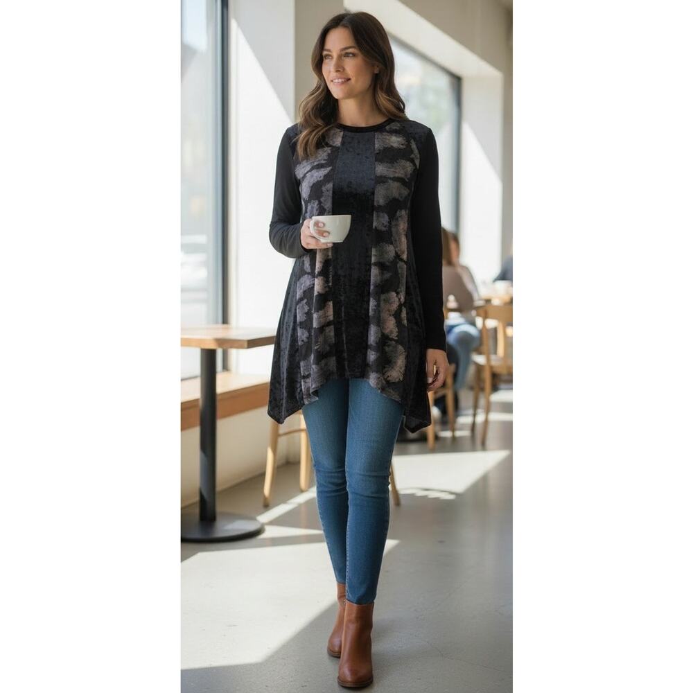 NWOT LOGO by Lori Goldstein Size L Pieced Velvet Tie-Dye Tunic Top Black A568363